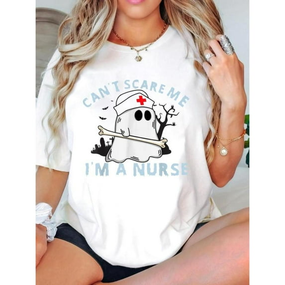Halloween Breathable Cant Scare Me Im A Nurse T Shirt Ghost Graphic Tee Short Sleeve Round Neck White S-5XL