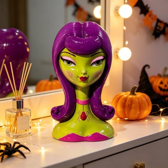 Halloween Bride Bust Statue,Glossy Resin Lady Head Figurine with Purple Roses, Gothic Spooky Cute Tabletop Ornament, Weighted Base Indoor Home Party Decor & Gift(Purple,7.87in)