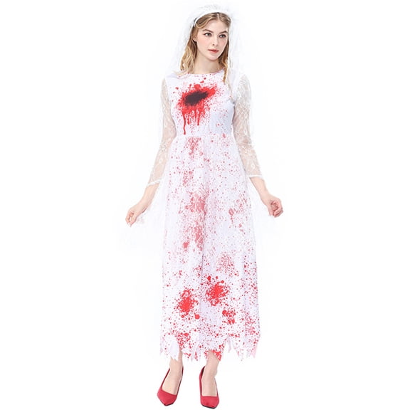 Halloween Bride Role-play Costume for Women Zombie Ghost Wedding Dress with Veil Cosplay Outfit for Haunted House Masquerade Party Fancy Dress Up Size M