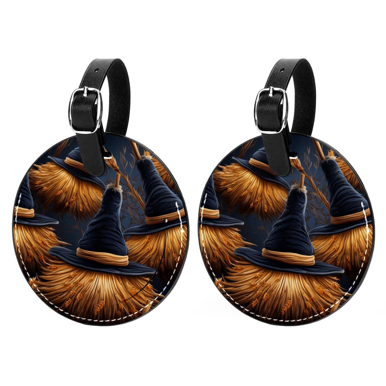 Halloween Broom 2Pcs PU Leather Round Luggage Tags with Privacy Cover ...