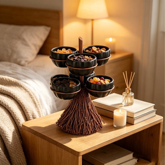 Halloween Broom Candy Bowl, Decorative Resin Snack Serving Tray with Cup Separators, Spooky Table Centerpiece Party Decor