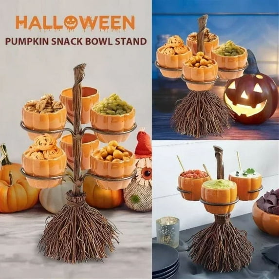 Halloween Broom Pumpkin Snack Bowl Holder Dish Candy Bowl Fruit Snack Dessert Holder Food Display Stand Party Event Decoration