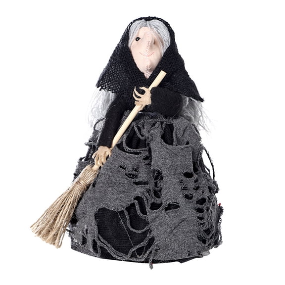Halloween Broom Witch Desktop Ornament Witch Treetop Decoration Elderly Witch Tabletop Decoration for Home Haunted House Fireplace Dining Table Counters Desktop Decoration Black