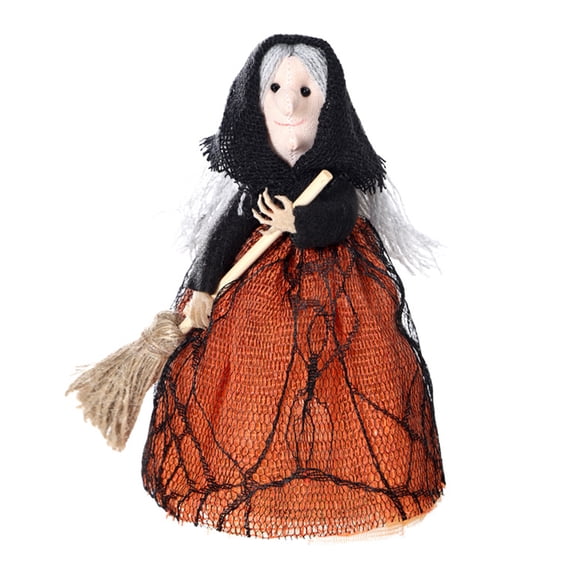 Halloween Broom Witch Desktop Ornament Witch Treetop Decoration Elderly Witch Tabletop Decoration for Home Haunted House Fireplace Dining Table Counters Desktop Decoration Orange
