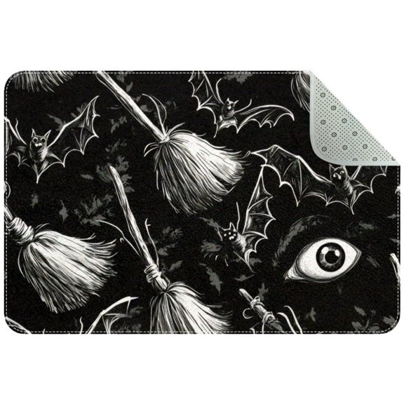 Halloween Brooms Flying Eyes Bats Small Area Rug, Non-Slip Door Mat Indoor Floor Mat, Washable Kitchen Rug Entrance DMat for Bedroom Living Room