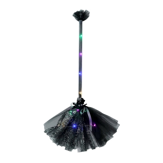 Halloween Broomstick Prop 15 Inch Led Witch Broom with Spider Web Mesh and Ribbon Handle for Party Cosplay Costume Dress up