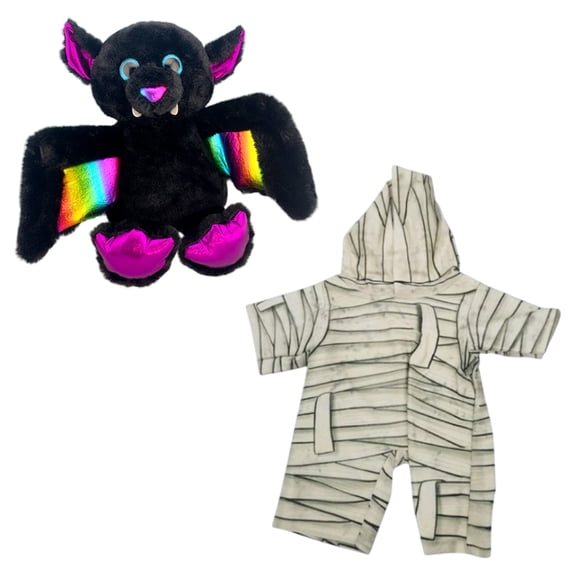 Halloween Bruce the Bat Plush Toy with Mummy Morph Suit- Sparkle Eyes, Metallic Accents, Wrap Wings - Perfect Halloween Decor & Gift for Kids