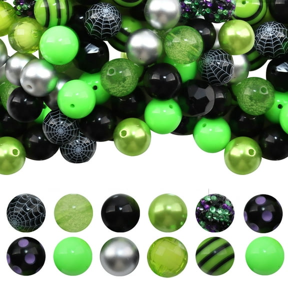 Halloween Bubblegum Beads, 50Pcs 20mm Acrylic Plastic Beads Spacer Gumball Loose Beads Black Green Chunky Beads for Halloween DIY (Green and Black)