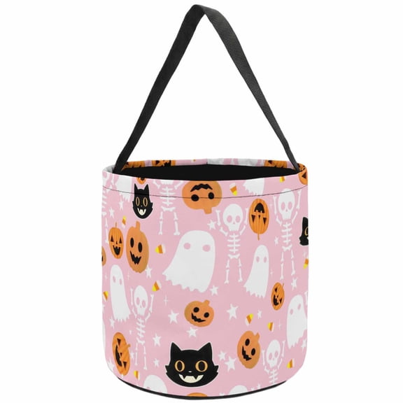 Halloween Bucket Pink Ghost Skeleton Pumpkin Halloween Buckets Portable Bags with Handle Black Cat Trick or Treat Bucket for Kids Children Holiday Party Supplies Gift 1 PC 8x8.3 Inch