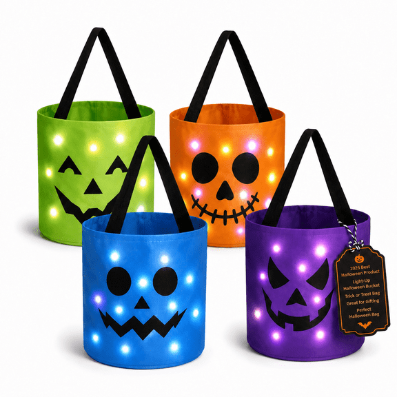 Halloween Bucket Trick or Treat Bags Light up Candy Pumpkin for Kids Treating Personalized Basket LED Glowing Fluffy Children's DIY Kit Reusable Magic