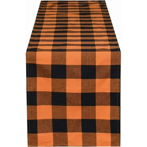 Halloween Buffalo Check Plaid Table Runner, Cotton Polyester Blend Classic Family Dinner Table Runners for Indoor Outdoor Parties Events Home Decoration (Orange and Black, 14 x 72 Inch)