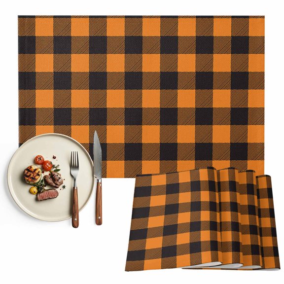 Halloween Buffalo Check Plaids Placemats Set of 2, Orange and Black Table Mats Washable Heat-Resistant Non-Slip Place Mats for Kitchen Dinner Table Indoor Outdoor Decor,13x19 Inch