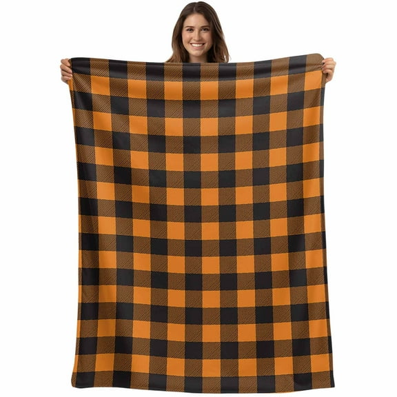 Halloween Buffalo Check Plaids Throw Blankets, Orange and Black Soft Fleece Blanket Decorative for Home Sofa Couch Chair Living Bedroom, 50x60 inches,