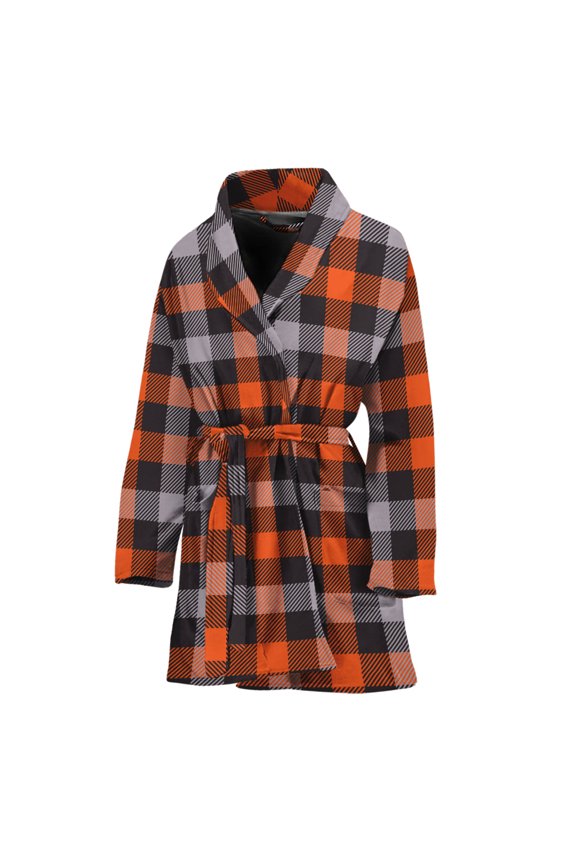 Halloween Buffalo Plaid Women Bathrobe One Size Univeral Fits, Halloween Decorative Fashion Lightweight Plush Fleece Long Robe For Women