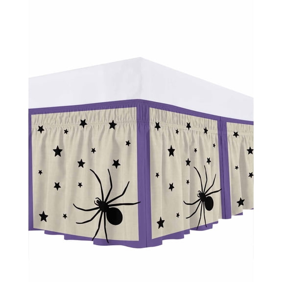 Halloween Bug Bed Skirt Stars Purple Border Linen Texture Bed Skirts Queen Size 16 Inch Drop, Wrap Around Dust Ruffle Bedskirt with Adjustable Elastic Belt for Queen Size Beds