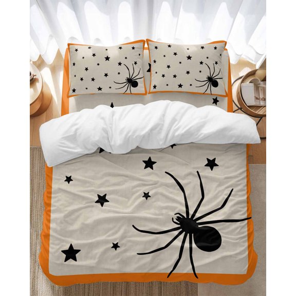 Halloween Bug Bedding Duvet Cover Set Queen Size 4 Pieces Stars Orange Border Linen Texture Bedding Set with Zipper Closure, 1 Comforter Cover 90x92 Inches 1 Flat Sheet & 2 Pillow Cases