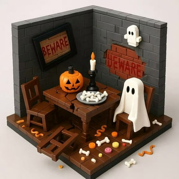 Halloween Building Block Scene Set, DIY Brick Toys with Ghost Pumpkin Accessories for Kids and Adults, Creative Halloween Party Decoration, Holiday Gift for Home Office Display