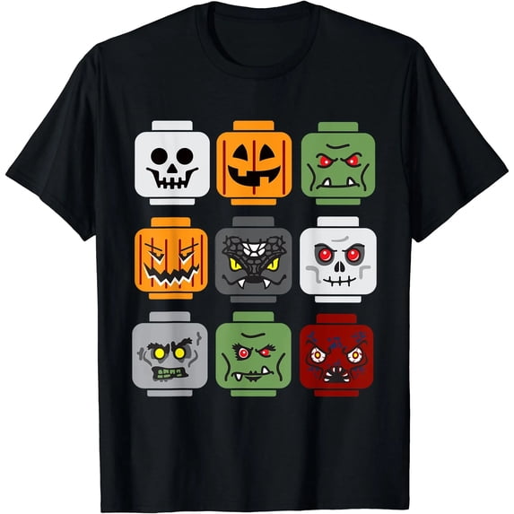 Halloween Building Brick Head Pumpkin Ghost Zombie Friends T-Shirt