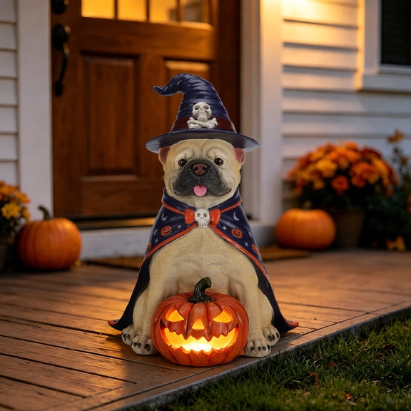 Halloween Bulldog Witch Statue, LED Light Up Jack O' Lantern Pumpkin Tabletop Decor