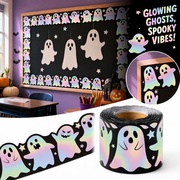 Halloween Bulletin Board Border, Ghost Bulletin Board Trim, Holographic Iridescent Spooky Ghost Classroom Halloween Decor, 3 in x 16.4 ft, 1 Roll