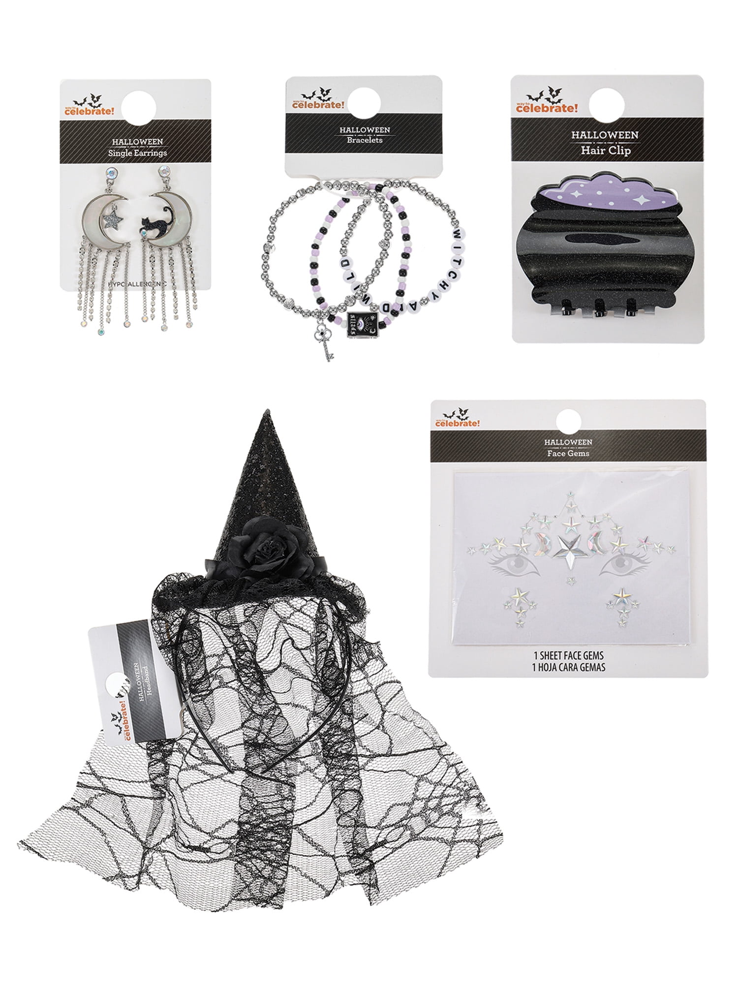 Way to Celebrate Halloween 5-Piece Witch Jewelry and Accessory Bundle