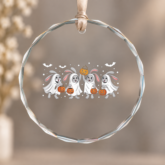 Halloween Bunny Ghost Pumpkin Theme Ornament, Room Decoration, Circle Glass Ornament