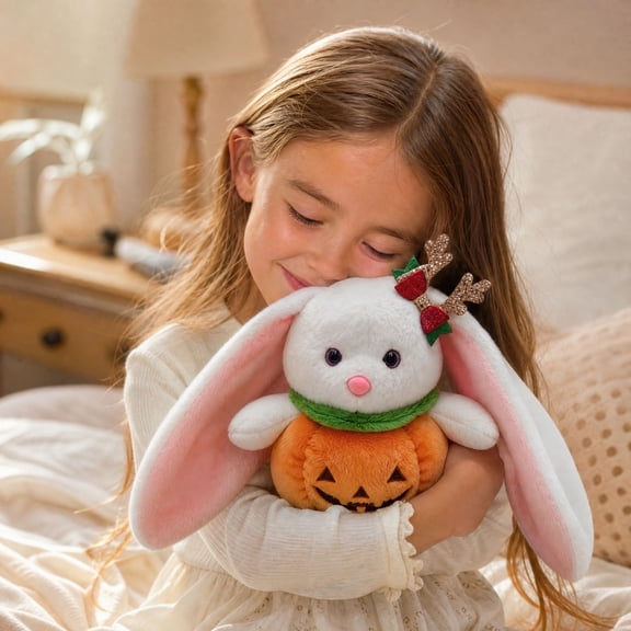 Halloween Bunny Plush Doll with Pumpkin Outfit, Soft Stuffed Animal Toy with Long Floppy Ears & Embroidered Face, Cute Autumn Desk Shelf Decor for Kids Room Display Gift