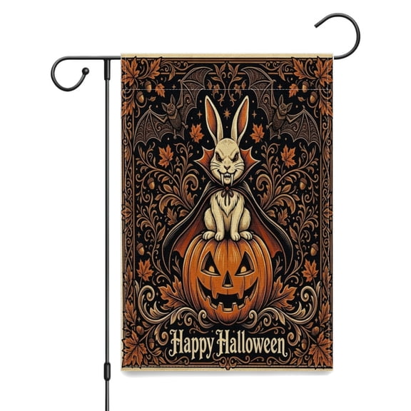 Halloween Bunny Rabbits Garden Flags 12x18 Inch for Outside, Holiday Funny Leaf Pattern Standard Linen House Flags, Fall Front Yard Backyard Lawn Flags Outdoor Decor