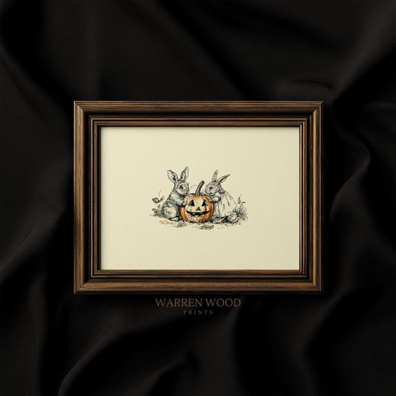 Halloween Bunny Wall Art Print, Rustic Pumpkin Nursery Decor