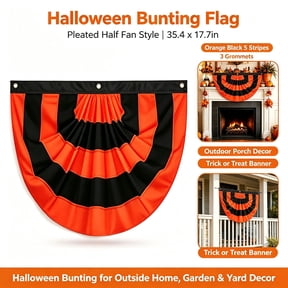 Halloween Bunting Flag - Pleated Half Fan Style, 35.4*17.7in Orange Black 5 Stripes with 3 Grommets, Porch Garden Yard Outdoor Decor, Trick Or Treat Banner, Halloween Bunting for Outside Home Decor