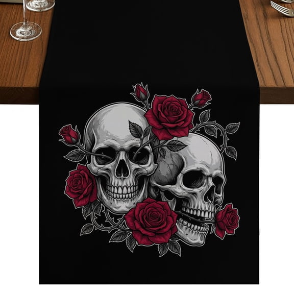 Halloween Burlap Cotton Table Runner 13x36 Inches Short, Scary White Skulls Skeleton Romantic Red Rose Farmhouse Table Runners, Outdoor Dining Table Decor for Baby Shower/Party/Wedding