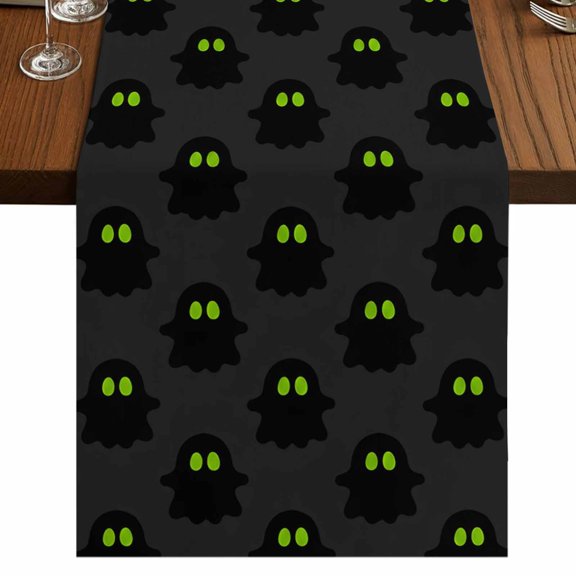 Halloween Burlap Cotton Table Runner 13x48 Inches Long, Black Spooky Green Eyes Ghost Floating Farmhouse Table Runners, Outdoor Dining Table Decor for Baby Shower/Party/Wedding
