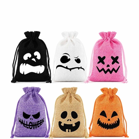 Halloween Burlap Drawstring Gift Bags – Ghost Face Treat Bags (6 Pack) 4x5.5Inch Reusable Candy Goodie Bags for Party Favors, Trick or Treat Supplies, Classroom Exchange