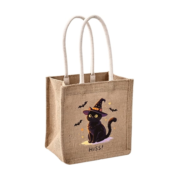 Halloween Burlap Trick or Treat Bag, Reusable Jute Candy Tote with Soft Handles, Cute Pumpkin Ghost Goodie Bag for Kids, Halloween Party Favor Gift Bag