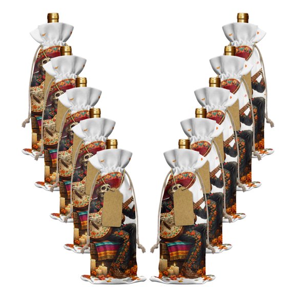 Halloween Burlap Wine Bags 10 PCS, Mexican Skeleton Play Guitar Abstract Florals Wine Gift Bags Bottle Covers with Drawstring for Holiday Party New Year, Reusable Champagne Bottle Bag