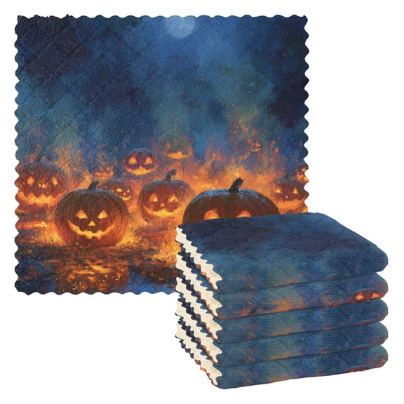 Halloween Burning Pumpkins Full Moon Dish Cloths Dish Towels Cleaning Cloths Quick Drying Reusable 11" x 11" Set of 6