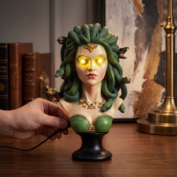 Halloween Bust Statue,Lighted Gorgon Sculpture with Glowing Eyes Mythology Tabletop Decoration,Gothic Statement Display for Mantel Shelf Entryway Office Summerween Halloween Party Decor-green