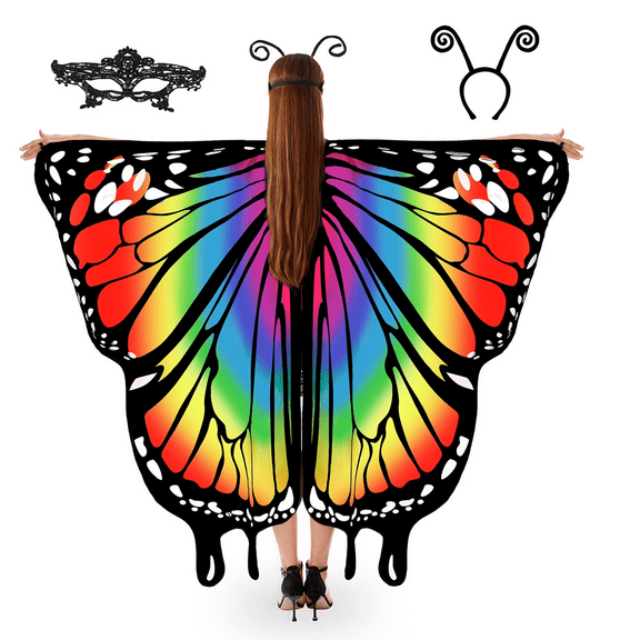 Halloween Butterfly Costume for Women - Adult Wings Cape Shawl with Lace Mask and Antenna Headband