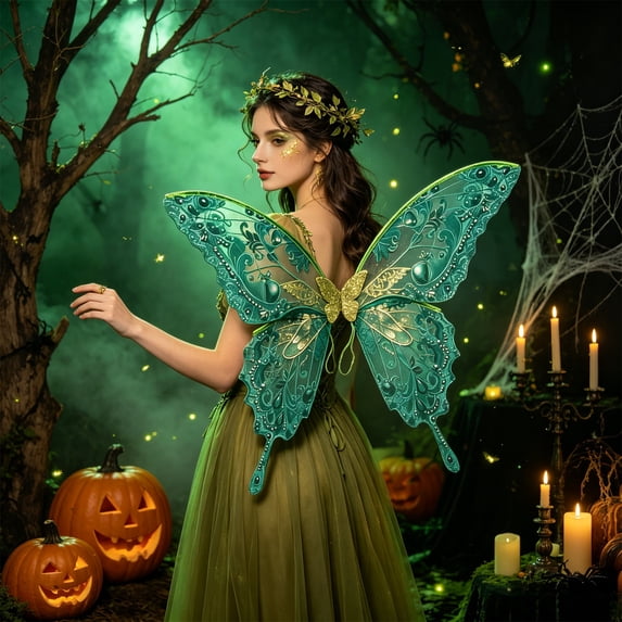 Halloween Butterfly Wing Costume Prop, Polyester Construction, Wearable Costume Backpiece for Halloween Party and Dress-Up Events, Indoor Display for Living Room, Bedroom, Mantel and Shelf, Green