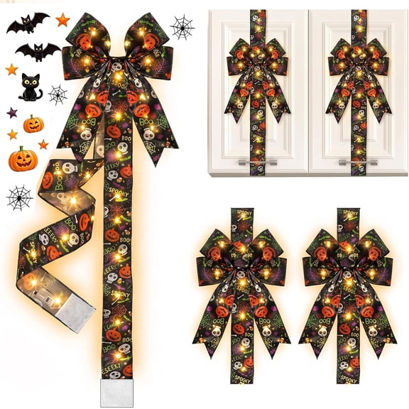 Halloween Cabinet Bow Decoration, LED Light-Up Halloween Cabinet Door Bow - Funny Pumpkin Ribbon Wreath for Pantry, Closet, Cupboard & Fall Party Decor
