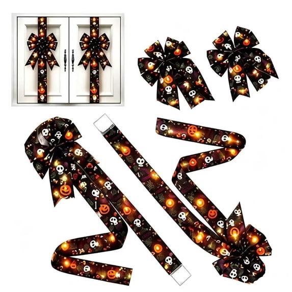 Halloween Cabinet Bows,Light‑Up Halloween Ribbon Bow,Lighted Halloween Cabinet Ribbon Bowknot,Battery‑Powered Cabinet Door Bow Ornament,Halloween Decoration for Porch,Front Door,Window