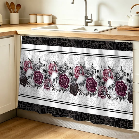 Halloween Cabinet Curtain 32"Wx55"L, Dustproof Pantry Door Curtain with Self Adhesive Tape, Black Purple Skull Roses Horror Flower Tall Storage Cover Privacy Drape for Bathroom Kitchen Laundry Room