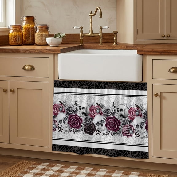 Halloween Cabinet Curtains 10"W x 11"L, Black Horror Skull Roses Spi-der Web Vintage Sink Skirt for Bathroom Kitchen Self Adhesive, Desk Privacy Short Curtain for Shelves Closet Table Storage