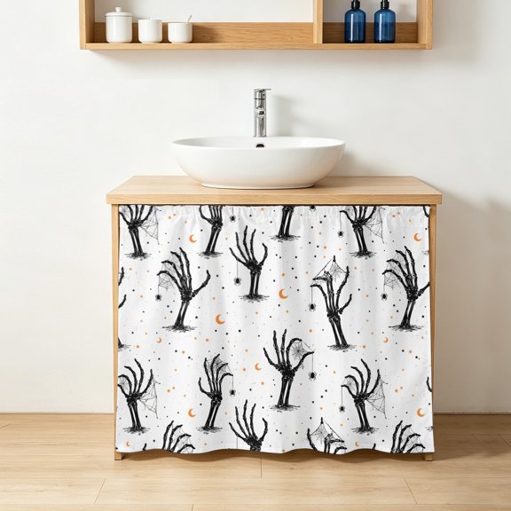 Halloween Cabinet Curtains 10" W x 11" L, Creepy Minimalist Skeletons Zombie Hands Cobweb Moon Under-Desk Privacy Dust Proof Drape Dishwasher Curtain Sink Skirt for Kitchen Closet Bathroom Laundry