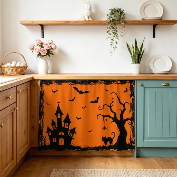 Halloween Cabinet Curtains 10"Wx11"L, Spooky Bat Castle Cat Spiders Tree Pastel Orange Background Under-Desk Privacy Dust Proof Drape Dishwasher Curtain Sink Skirt for Kitchen Closet Bathroom Laundry