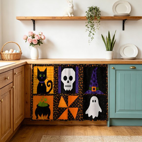 Halloween Cabinet Curtains 11"Wx13"L, Retro Spooky Black Cat Skull Witch Hat Spiderweb Candy Corn Under-Desk Privacy Dust Proof Drape Dishwasher Curtain Sink Skirt for Kitchen Closet Bathroom Laundry