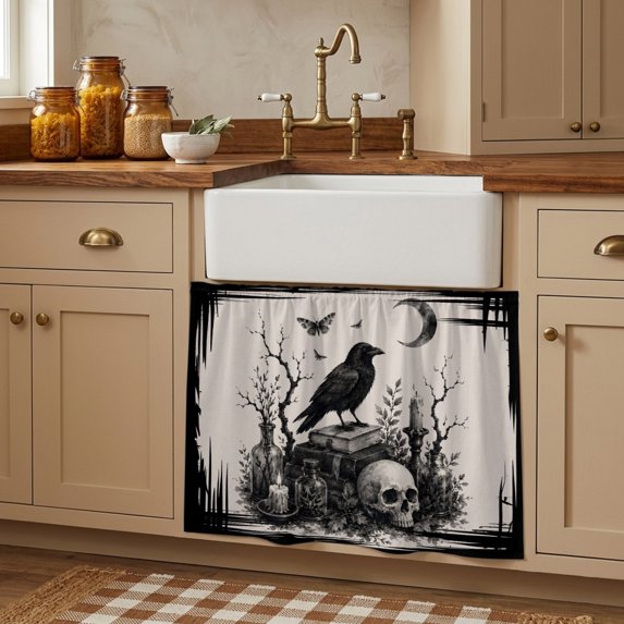 Halloween Cabinet Curtains 28"W x 35L, Horrow Spooky Skulls Bats Crow Botanical Rustic Under Sink Skirt for Bathroom Vanity Kitchen Self Adhesive, Dust-Proof Privacy Curtain for Closet Shelves