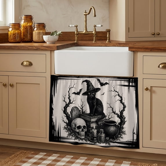 Halloween Cabinet Curtains 28"W x 35L, Retro Fall Spooky Cats Skulls Bones Bats Branches Under Sink Skirt for Bathroom Vanity Kitchen Self Adhesive, Dust-Proof Privacy Curtain for Closet Shelves