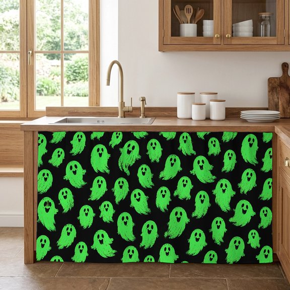 Halloween Cabinet Curtains for Kitchen 28"W x 51"L, Retro Cartoon Green Flying Ghosts Black Background Under Sink Skirt Magic Tape Short Curtain Decorative Privacy Panel for Pantry Cabinet Opening