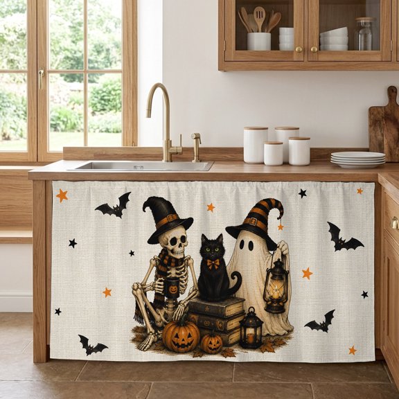 Halloween Cabinet Curtains for Kitchen 28"W x 51"L, Spooky Skeleton Ghost Black Cat Orange Retro Linen Under Sink Skirt Magic Tape Short Curtain Decorative Privacy Panel for Pantry Cabinet Opening